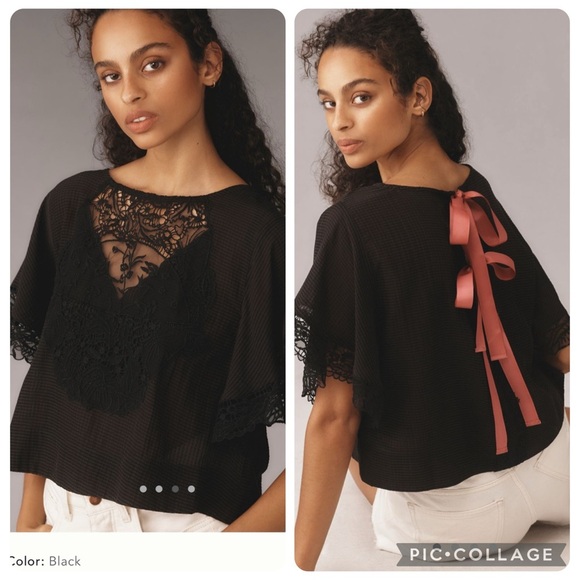 NWT new medium Anthropologie Maeve black w pink bow back lace batwing top - Picture 1 of 17
